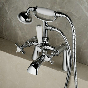 Contemporary Solid Brass Double Handles Bridge Bathtub Tap with Hand Shower T0217 Contemporary Solid Brass Double Handles Bridge Bathtub Tap with Hand Shower T0217