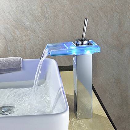 Waterfall Color Changing LED Bathroom Sink Tap Tall T0818-1HF Waterfall Color Changing LED Bathroom Sink Tap Tall T0818-1HF