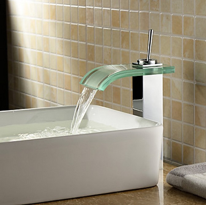 Contemporary Waterfall Bathroom Sink Tap with Glass Spout T0821 Contemporary Waterfall Bathroom Sink Tap with Glass Spout T0821