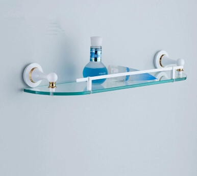 Brass Single Roasted White Porcelain with Tempered Glass Bathroom Shelves TCB8006 Brass Single Roasted White Porcelain with Tempered Glass Bathroom Shelves TCB8006