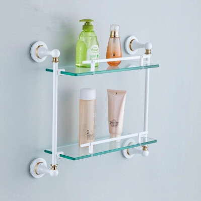 Brass Double Roasted White Porcelain with Tempered Glass Bathroom Shelves TCB8008 Brass Double Roasted White Porcelain with Tempered Glass Bathroom Shelves TCB8008