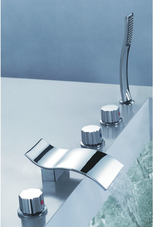Contemporary Two Handles Three Holes Waterfall Tub Tap with Hand Shower - T7709W Contemporary Two Handles Three Holes Waterfall Tub Tap with Hand Shower - T7709W