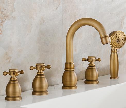Antique Brass Five-pieces Widespread Tub Tap with Hand Shower BT0328 Antique Brass Five-pieces Widespread Tub Tap with Hand Shower BT0328