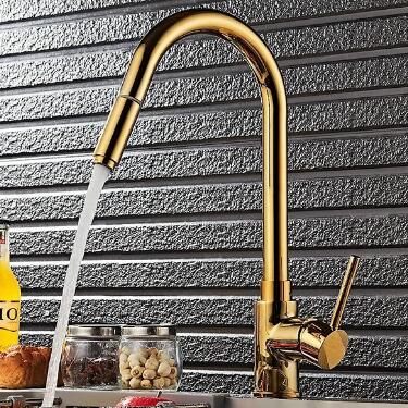 Luxury High-Arc Single Handle Solid Brass Gold Pull-out Spray Kitchen Tap T0238G Luxury High-Arc Single Handle Solid Brass Gold Pull-out Spray Kitchen Tap T0238G