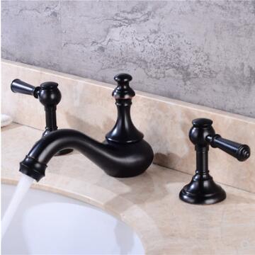 Black Brass Classical Three Holes Two Handles Mixer Bathroom Sink Tap T0388B
