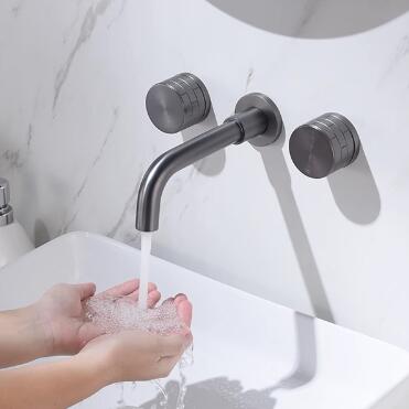 Brass Gun-Grey Finished 360° Rotatable Wall Mounted Two Handles Mixer Bathroom Sink Taps T0438GN Brass Gun-Grey Finished 360° Rotatable Wall Mounted Two Handles Mixer Bathroom Sink Taps T0438GN