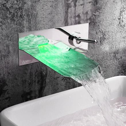 Chrome Finish Color Changing LED Waterfall Wall Mount Bathroom Sink Tap T0500BF Chrome Finish Color Changing LED Waterfall Wall Mount Bathroom Sink Tap T0500BF