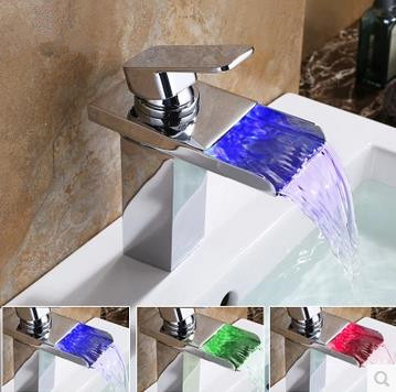 Contemporary Solid Brass Single Handle LED Waterfall Bathroom Sink Tap Chrome Finish TP0510F Contemporary Solid Brass Single Handle LED Waterfall Bathroom Sink Tap Chrome Finish TP0510F