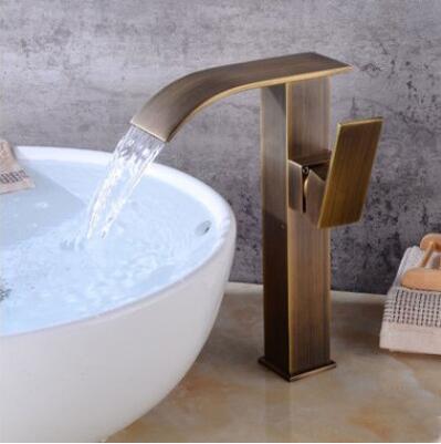 Antique Basin Tap Brass Waterfall High Version Bathroom Sink Tap T1078AH Antique Basin Tap Brass Waterfall High Version Bathroom Sink Tap T1078AH