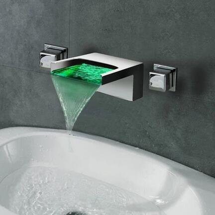 Contemporary LED Waterfall Two Handles Wall Mounted Bathroom Sink Tap T1245 Contemporary LED Waterfall Two Handles Wall Mounted Bathroom Sink Tap T1245