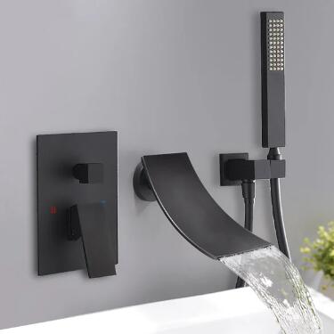 Modern in Matte Black Waterfall Wall-Mount Bath Filler Mixer Tap & Hand Shower TB0680 Modern in Matte Black Waterfall Wall-Mount Bath Filler Mixer Tap & Hand Shower TB0680
